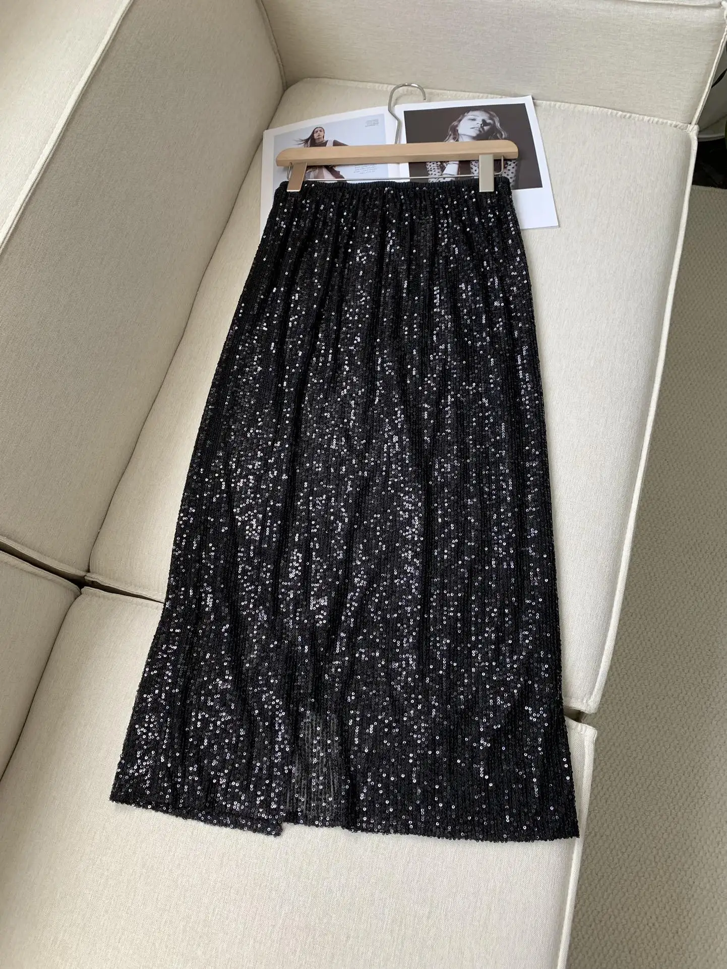 Women Sequins Black Midi Skirt A-Line Split Elastic Waist Elegant Autumn 2024 Jupe