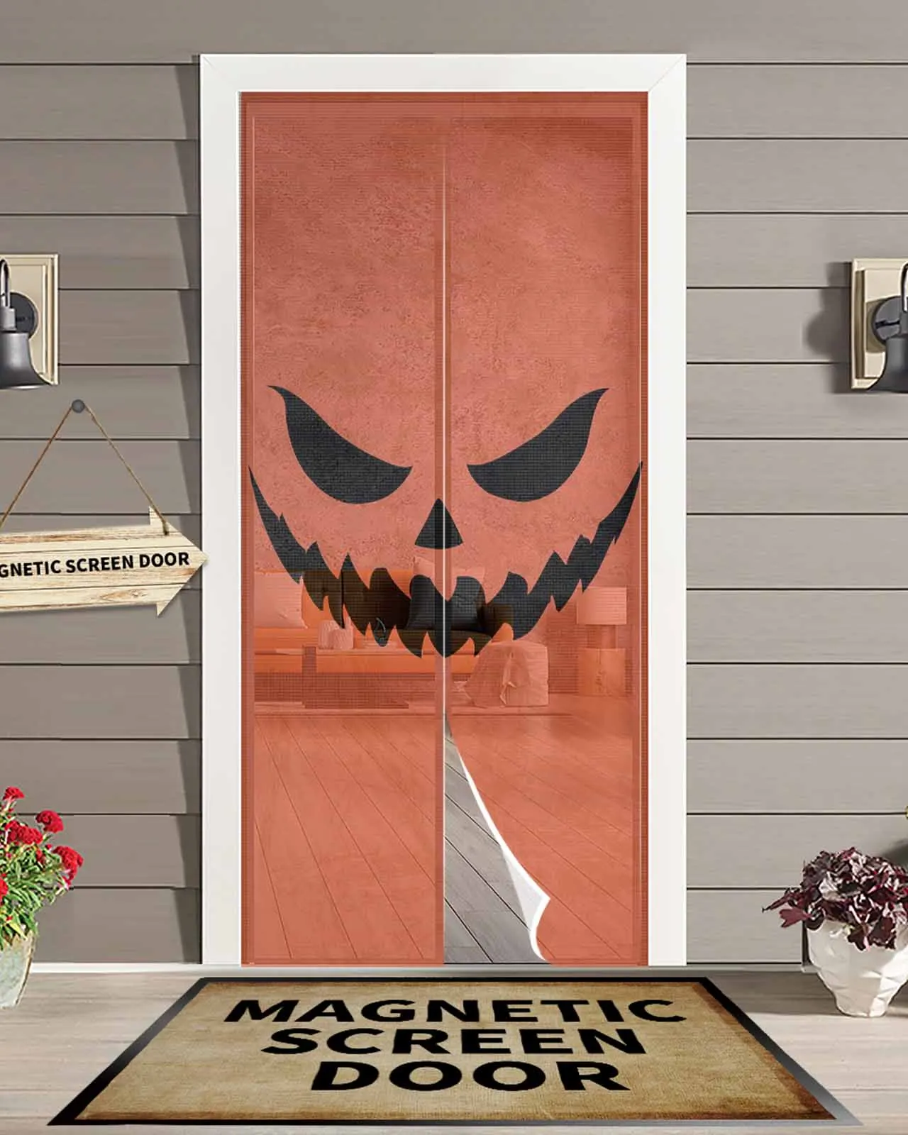 

Orange Spooky Face Pumpkin Magnetic Door Curtain Living Room Bedroom Home Anti-mosquito Screen Door Curtain