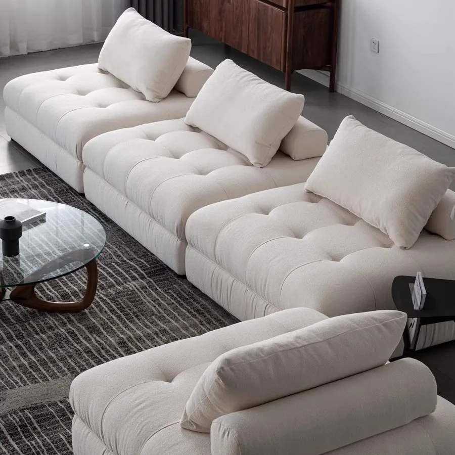 Modern Cream Wind French Square Sofa Living Room Hotel Leisure Straight Row Module Combination Flannel Fabric Sofa