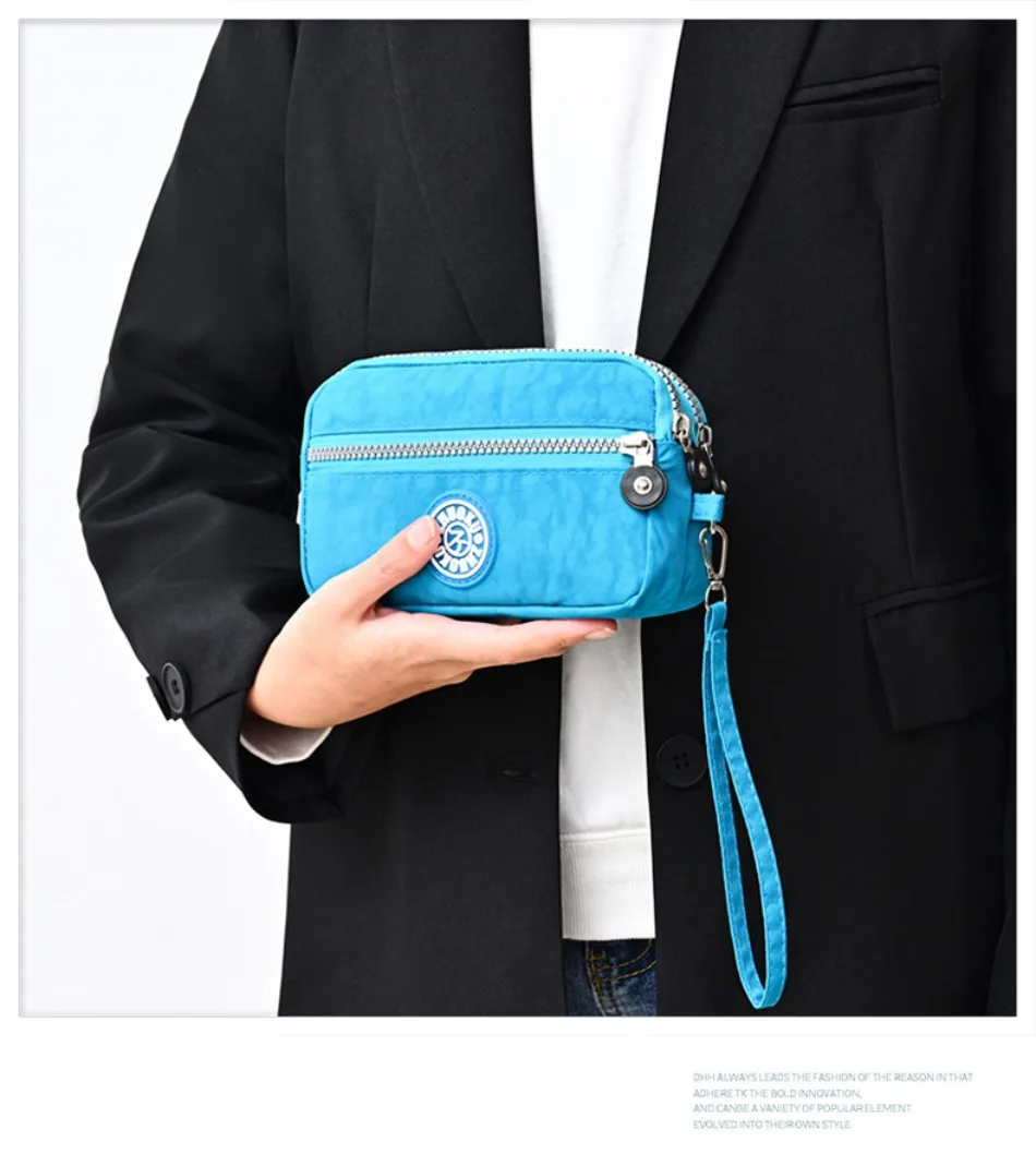 2026 New Clutch Women's Bag Three-Layer Zipper Mini Nylon Cloth Solid Color Mobile Phone Bag Coin Purse
