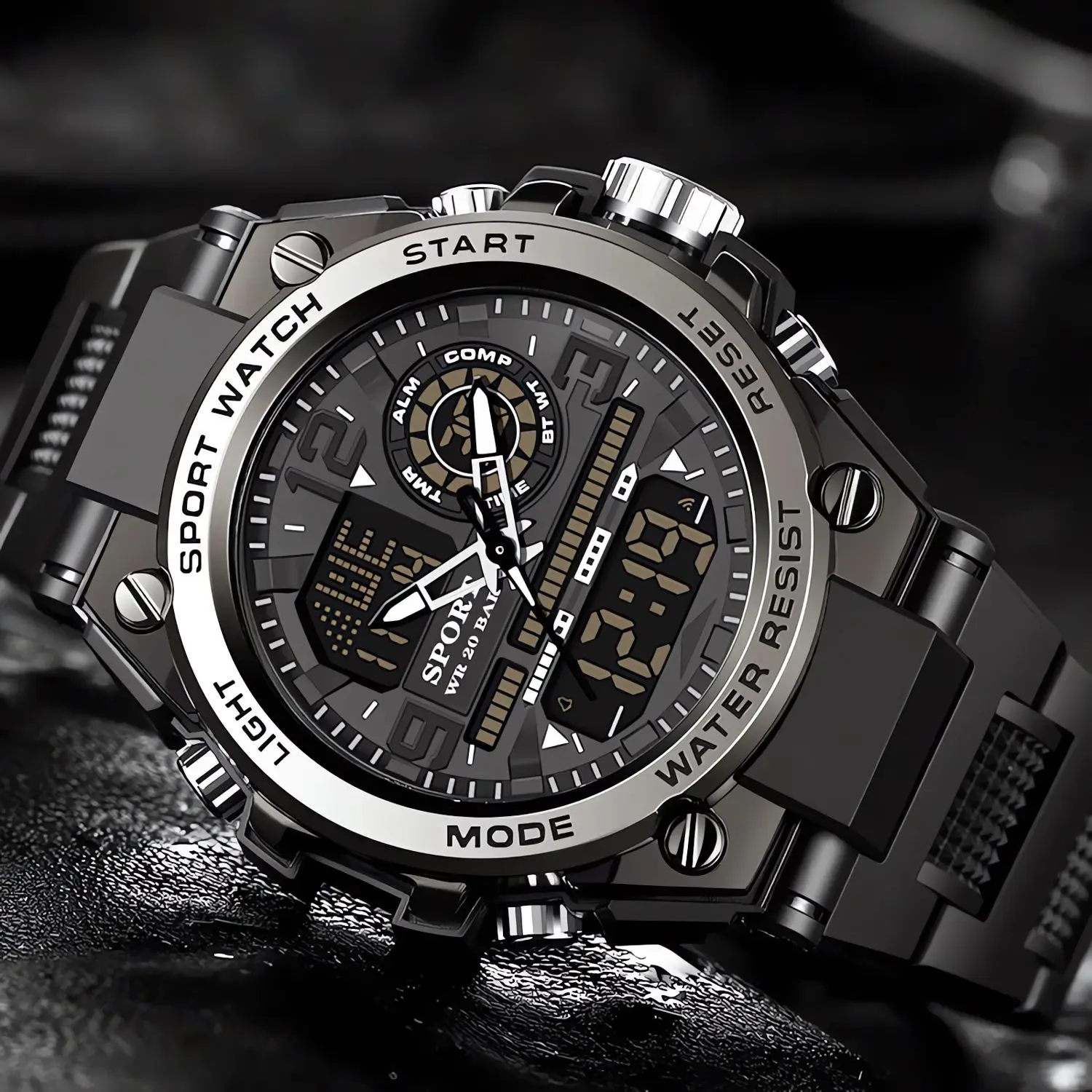 

Модные и модные мужские наручные часы, спортивные электронные часы, многофункциональный двойной дисплей, идеальный выбор для подарков.