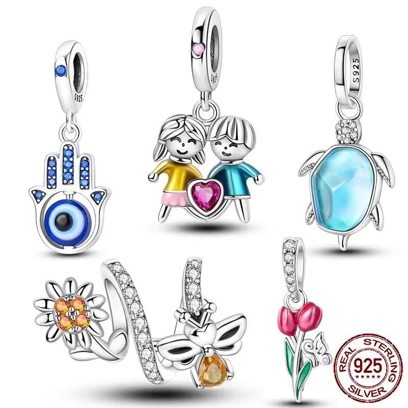 

100% 925 Sterling Silver Blue Turtle Charms Tulip Sunflower Pendant Beads For Women Fit Original Bracelet DIY Jewelry