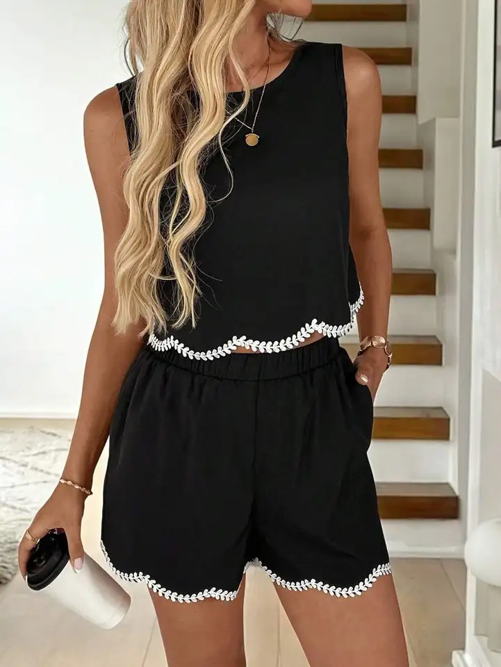 Womens Two Piece Sleeveless Crop Top Shorts Set