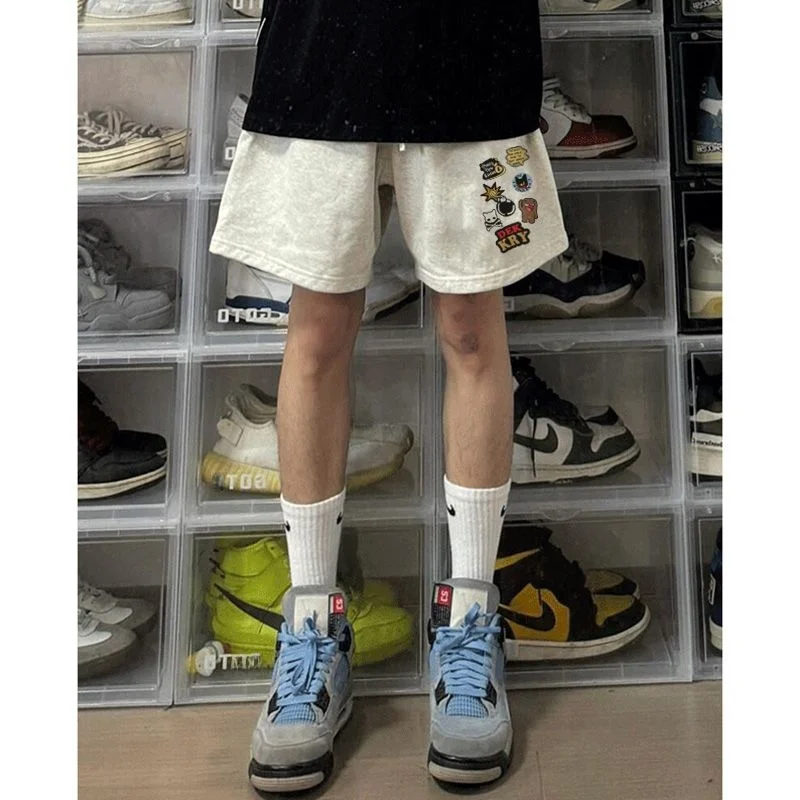 

Summer American Fun Print Drawstring White Grey Short Pants Men's Sport Loose Trendy Five-Part Pants Straight Leg Fit Waist
