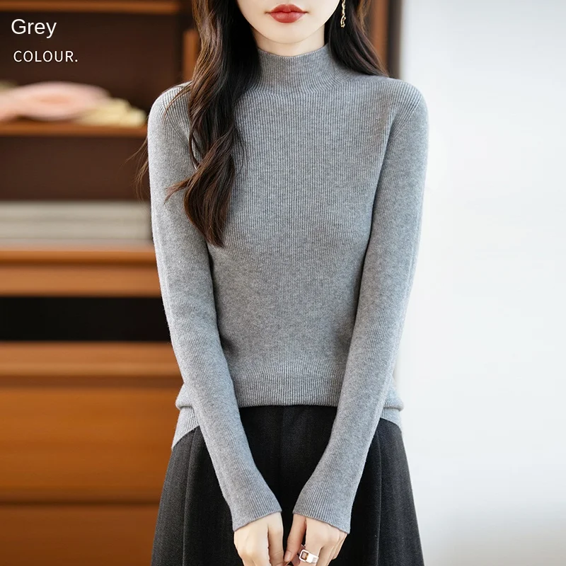 سترة محبوكة شبه عالية الرقبة على الموضة للخريف والشتاء، بلوفر نسائي بأكمام طويلة بلون سادة، سترة عالية المرونة-105