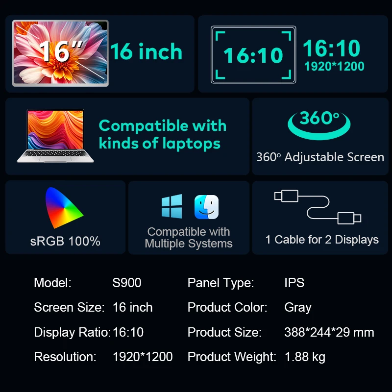 2025 nova edição tamanho grande 16 Polegada monitor portátil portátil 1 cabo para 2 display compatível com 12-18.5 ''vincos/mac (m1 m2 m3 m4)