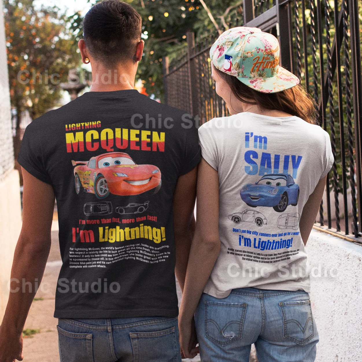 

Lightning Mcqueen And Sally Car Summer Back design Men Women's Shirt Outfit Cotton Couple T-shirt Clothing Novelty Tee Shirt