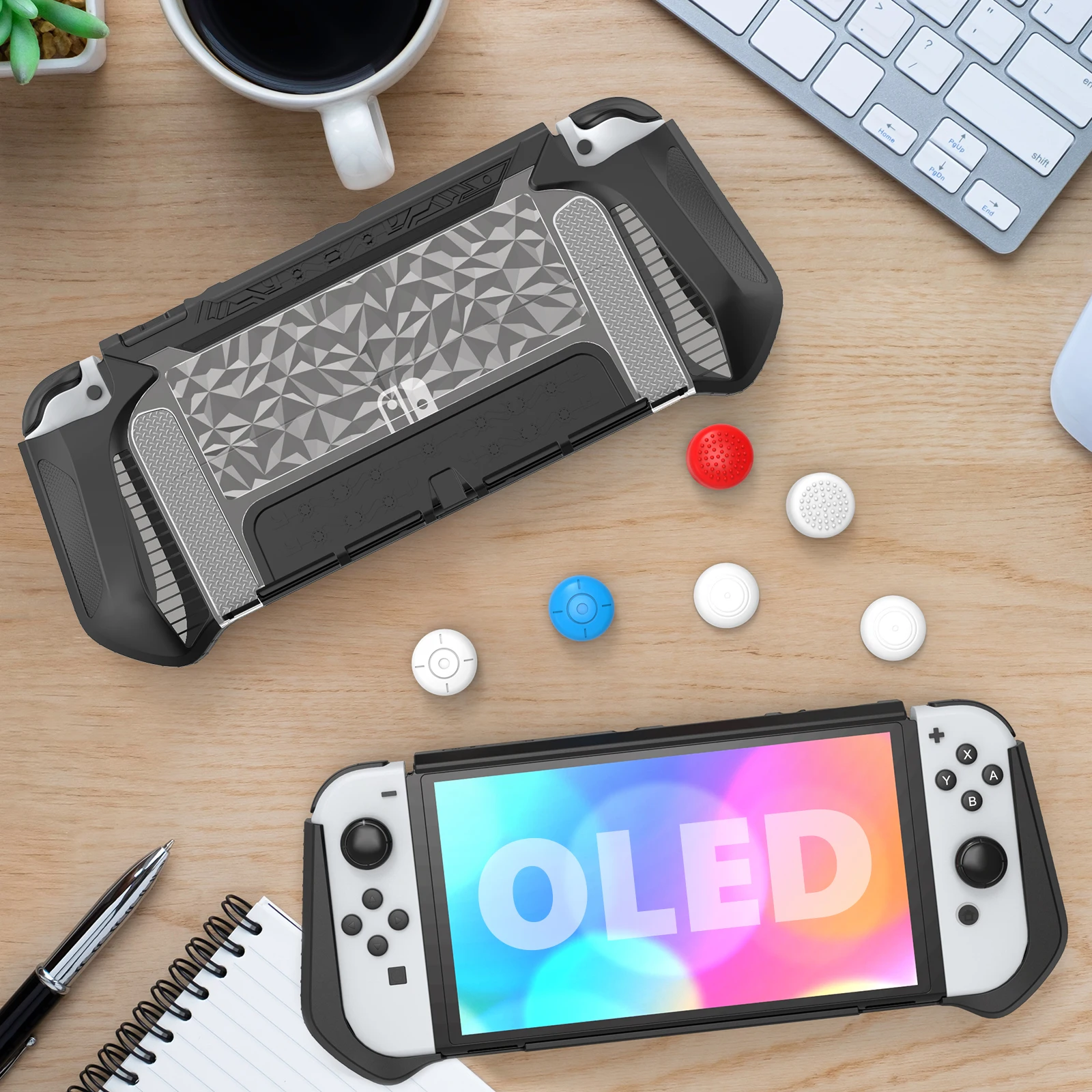 TPU Diamond Design Protective Case for Nintendo Switch OLED Console, Comfortable To Touch with 6 Thumb Caps