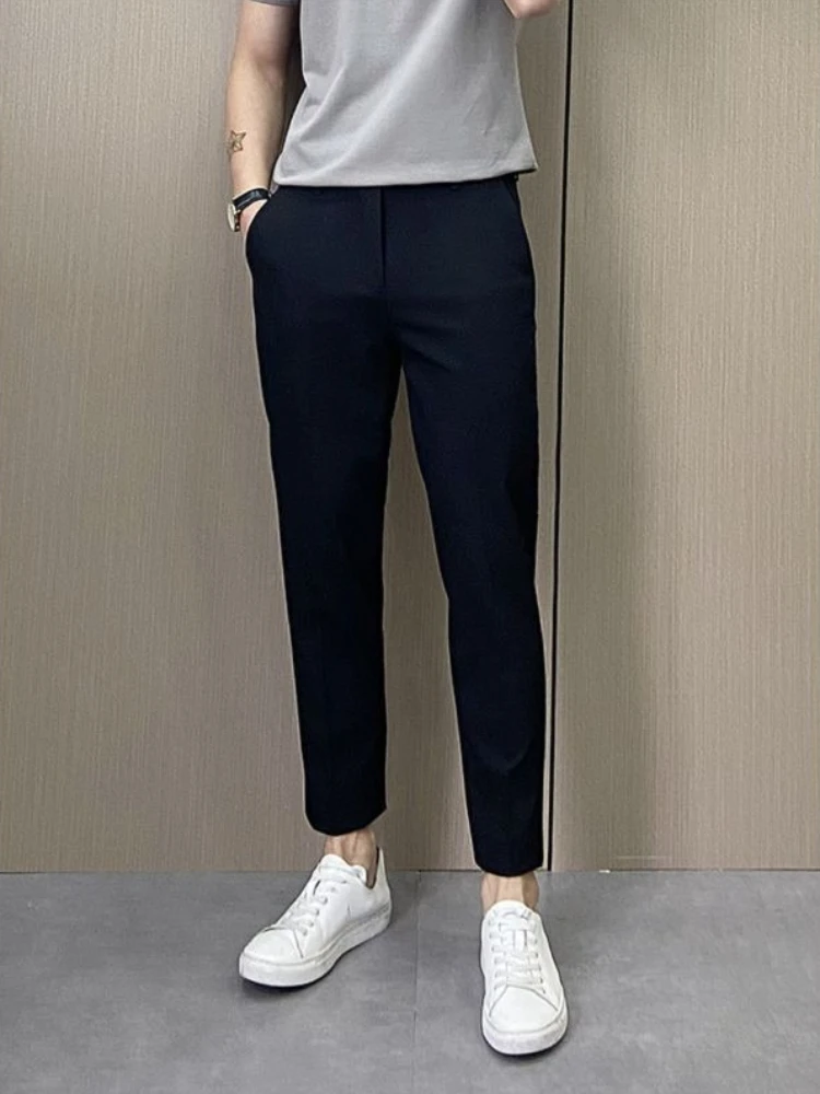 Men's Khaki Pants 2026 Summer Thin Slim Fit Business Trousers Ankle Length Casual Office Wear Gentleman Suit Pants with Drape