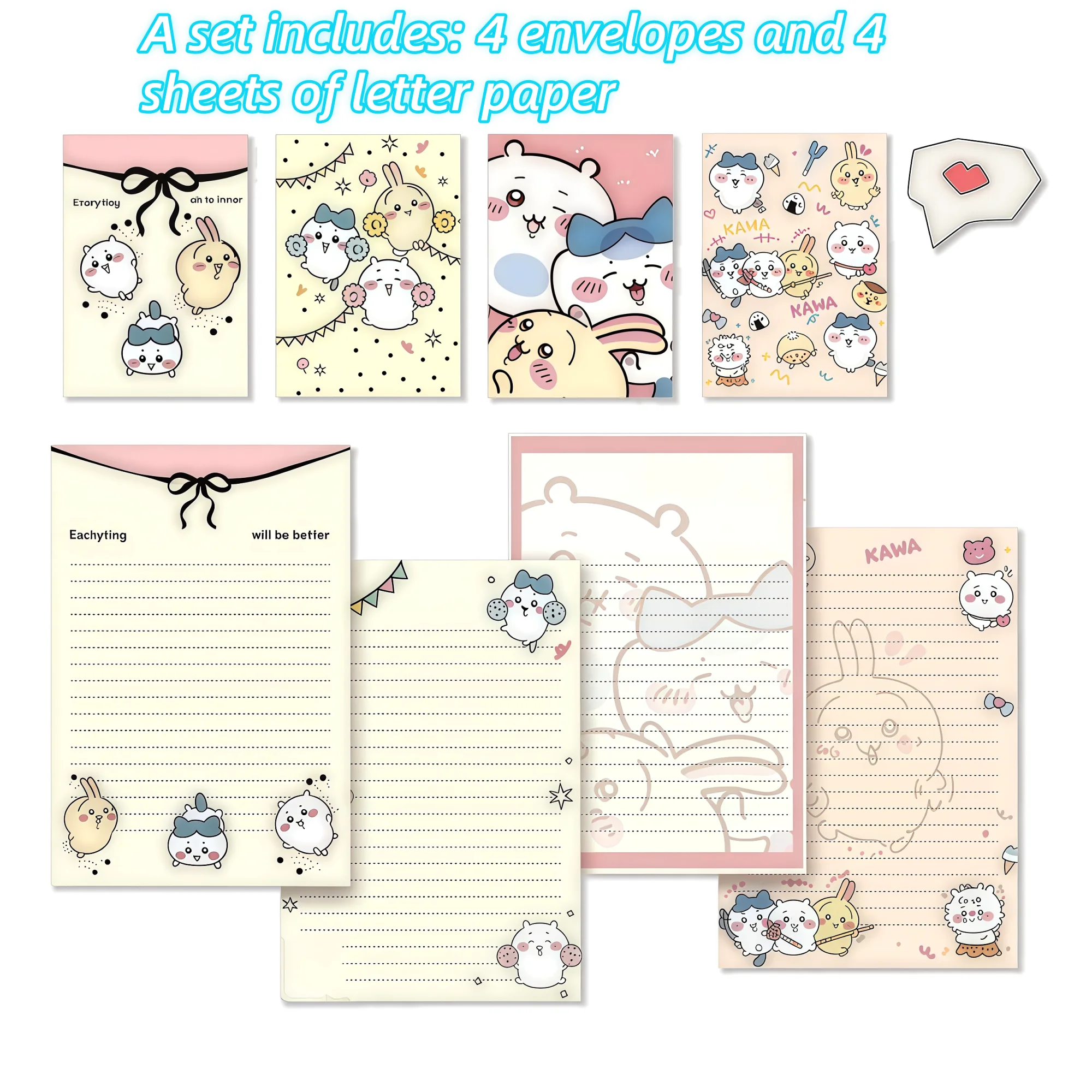 Chiikawa Briefpapier- und Umschlag-Set: 4 Umschläge, 4 Niedliche Anime Hachiwari Kaninchen Liniertes Briefpapier-Set – Schreibgeschenk für den Schulanfang – Detail 6