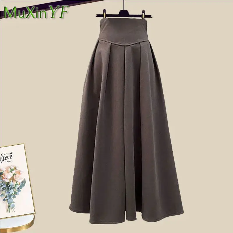 Women's Fashion Long Sleeve Halter Top Blouse+Dress 2 Set 2024 Spring Autumn New in Matching Sets Korean Chic Midi Skirt Suit