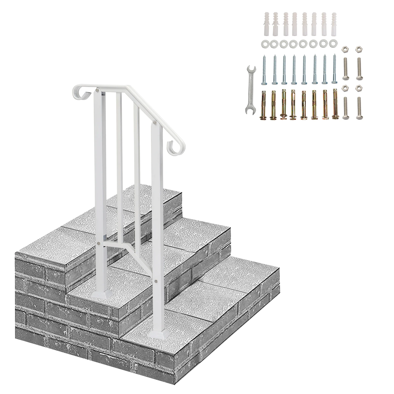 Handrails for Outdoor Steps, Iron Handrail Fits 1 Step, Transitional Handrail with Installation Kit, White, Single-Step Design
