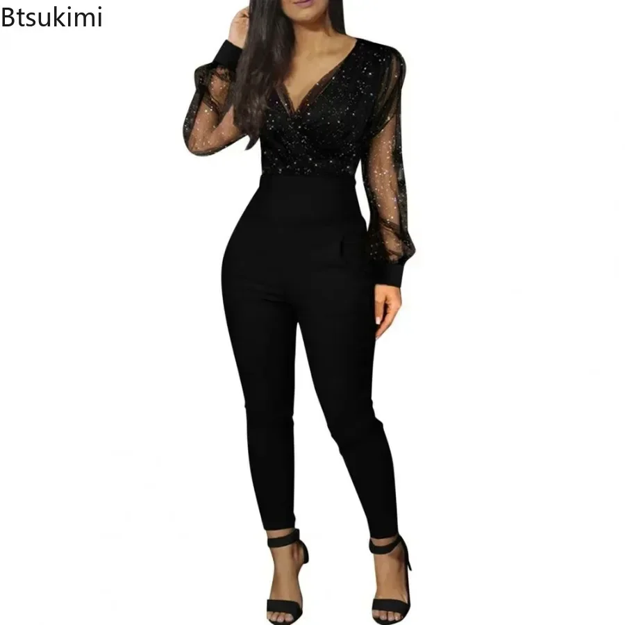 2025 Women Sexy Deep V Jumpsuit Fashion Elegant Sequins Mesh Glitter Party One Piece Overalls Ladies Bodycon Long Sleeve Rompers
