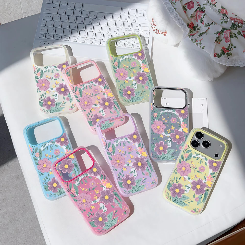 Funda Magsafe 2 en 1 de Lujo con Diseño Floral en Tono Pastel Morado para iPhone 16 15 14 13 17 Pro Max Plus, Transparente, Mate y Suave