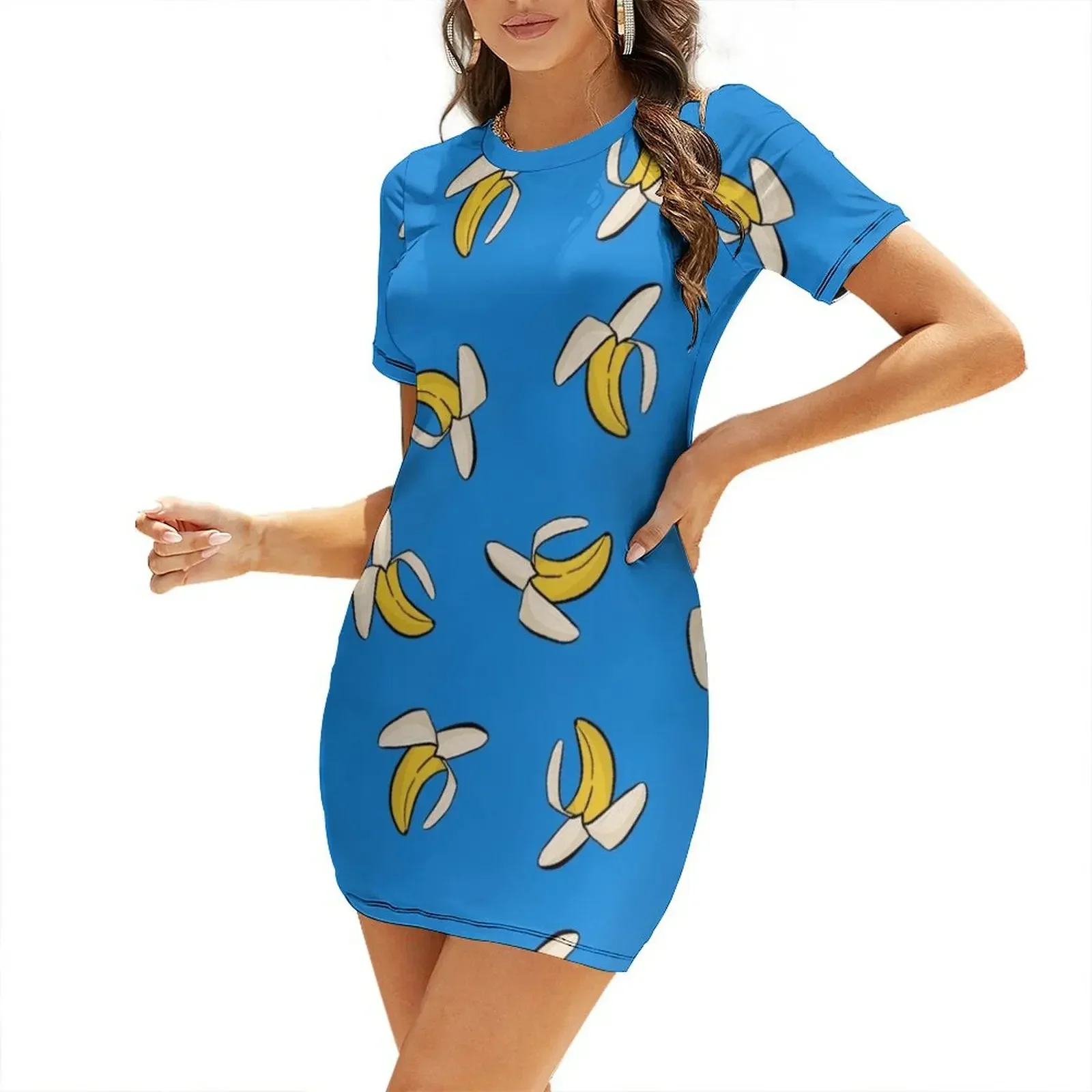 Vestido de manga corta azul con estampado de plátanos, ropa de verano para mujer, ropa de mujer, verano 2026