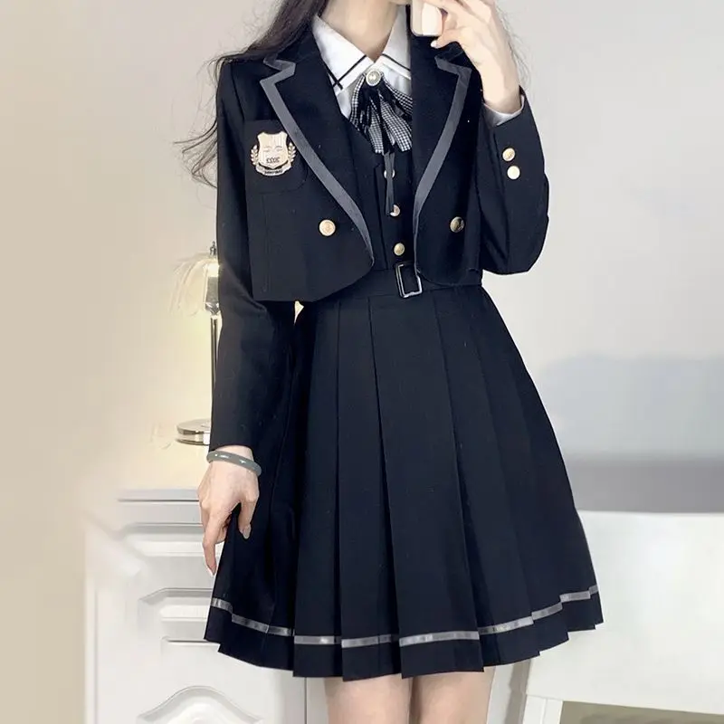 MAGOGO Original Japanese Short Dress Sets Women Autumn College Style High Waist Pleated Skirt with Shirt Coat Three-piece Suit