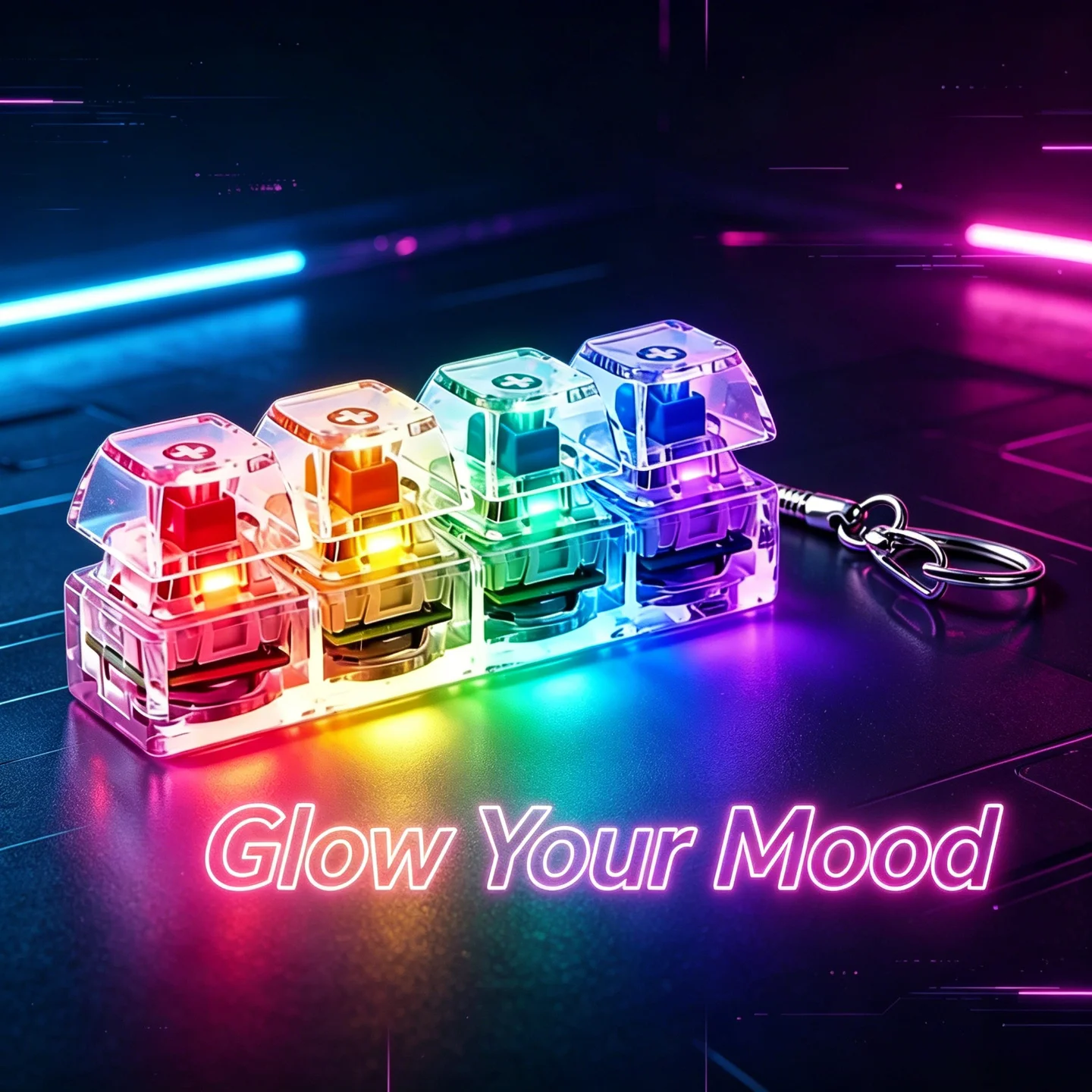 Light Up 4 Keys Finger Keyboard Keycap Stress Relief Fidget Toy Keychain Key LED Button Pinch Tester Office Desk Accessory