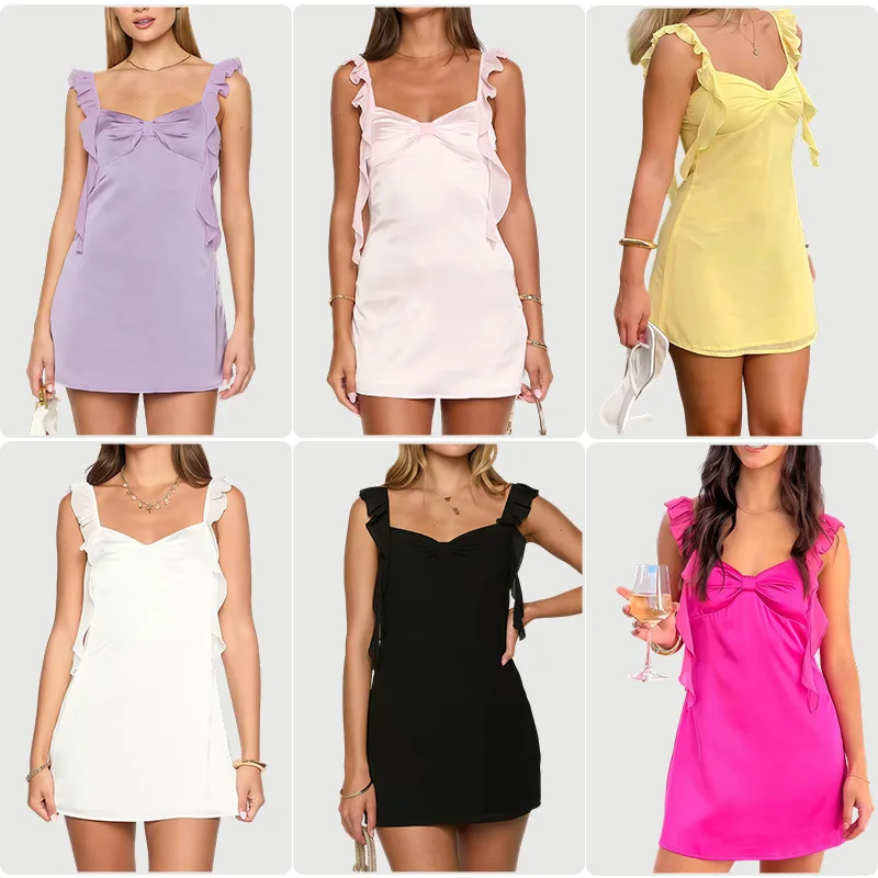 Women's Solid Color Satin Mini Dress Sexy Mesh Ruffled Edge Slim Sleeveless Short Dresses Simple Fresh And Sweet Lady Vestidos