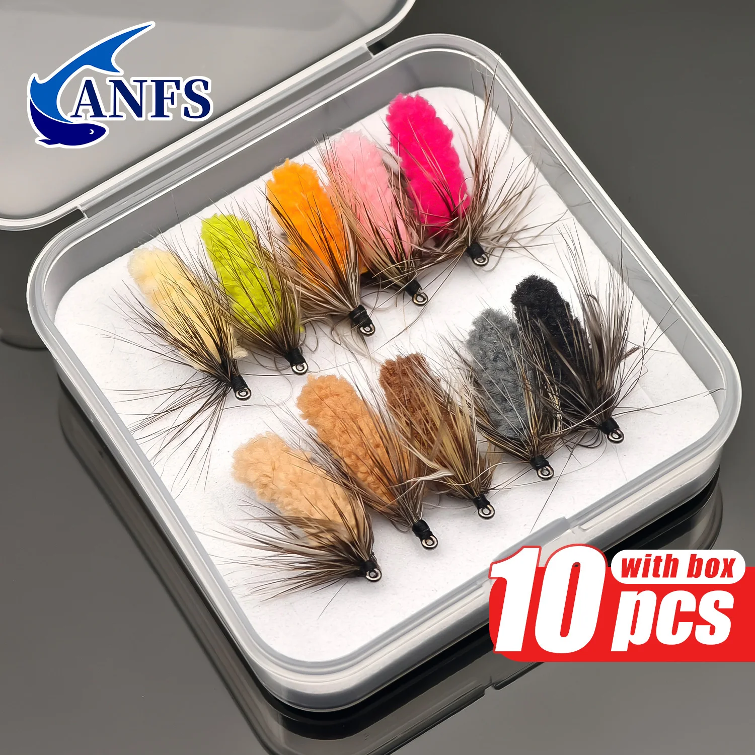 ANFS 10 mouches artificielles de type Mop Fly, couleurs assorties, avec boîte, mouches nouées à la main, hameçons pour mouches