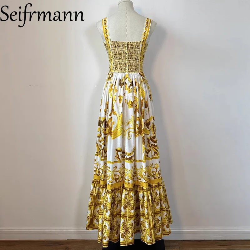 Seifrmann Modedesign Damen Partykleid Spaghettiträger Rückenfrei Print Temperament A-Linie Plissee Kleider