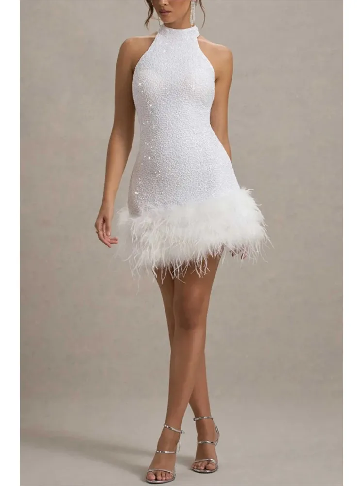 Sexy Kleid Vestidos Prom Kleider 2025, Frau Vestido Femininos Plüsch Saum Schlank Ärmellose Pailletten Bankett Party Elegante Temperament