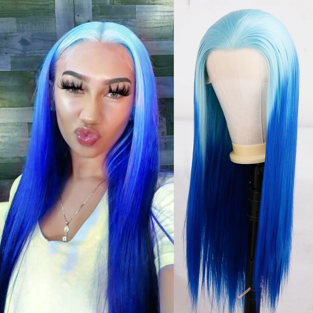 

UNIQUEWIG Long 26inch Straight Lace Front Synthetic Wigs for Women Ombre Blue Glueless Natural Hairline Wig Cosplay Daily Used