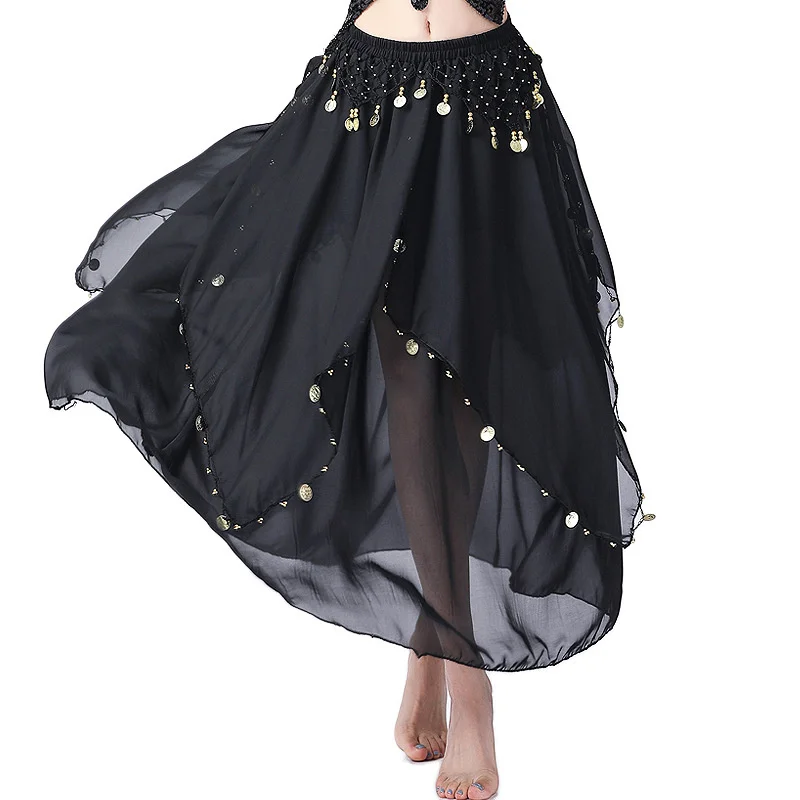 Adult Women Coins Belly Dance Skirt Sexy Chiffon Spilt Spanish Korean Dancing Lesson Wear Costume Dress Practice Clothes Suits