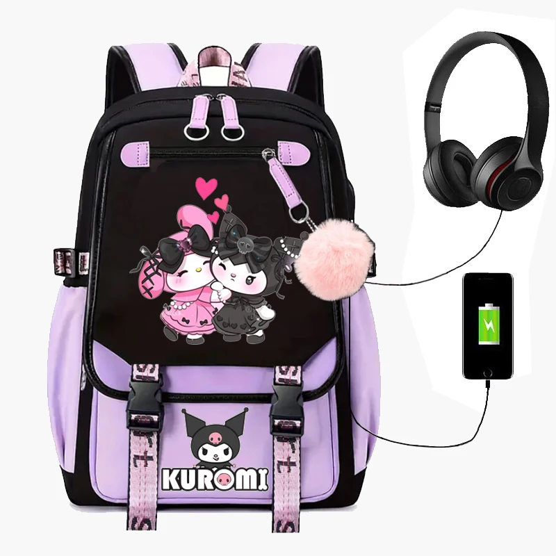 Purple Kuromi Backpack Junior High School Students School Bags capacity Casual Laptop Patchwork Students Mochilas