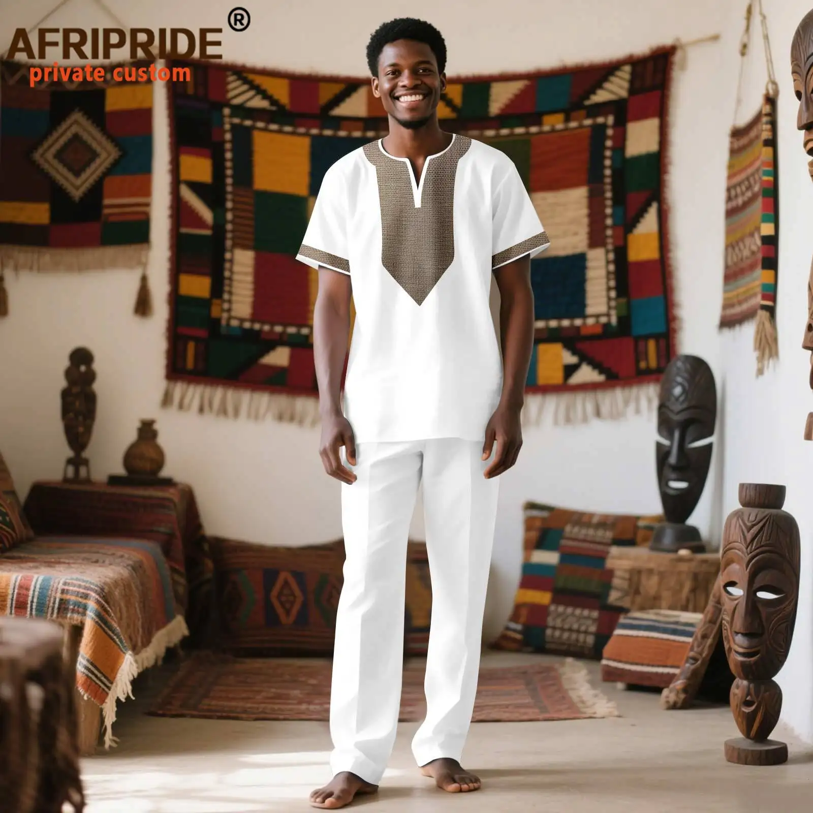 

African Suits for Men Short Sleeve Embroidery Print Shirts and Pants 2 Piece Set Dashiki Outfits for Wedding Evening 2516062