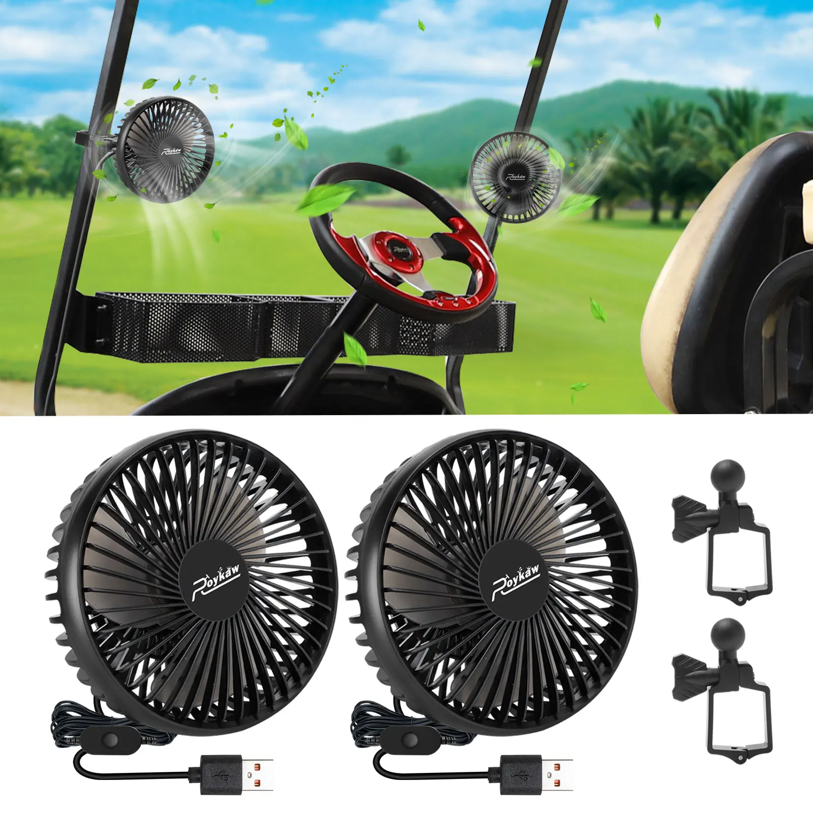 Roykaw Golf Cart Fan Portable USB Input for EZGO Club Car Yamaha, 3-Speed Settings, 360 Degree Rotation,Low Noise Designed-2 pcs