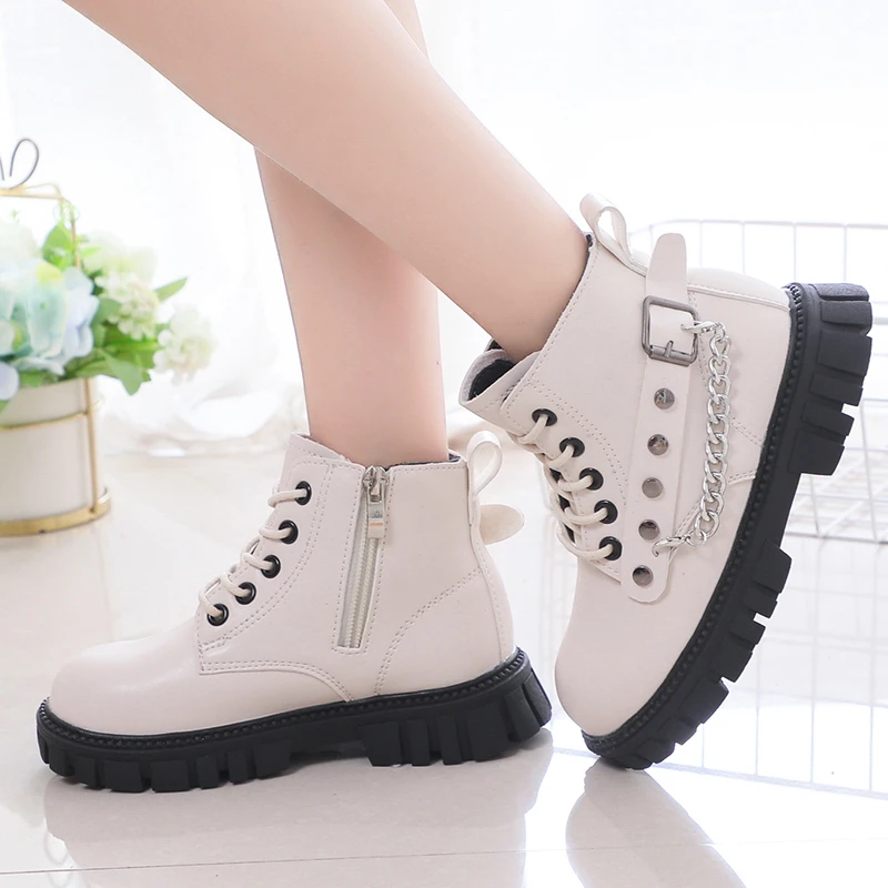 Girls Short Boots Black Chains Versatile Cool Britain Style Fashion Children Casual Boots PU Simple Non-slip Kids Shoes for Boys