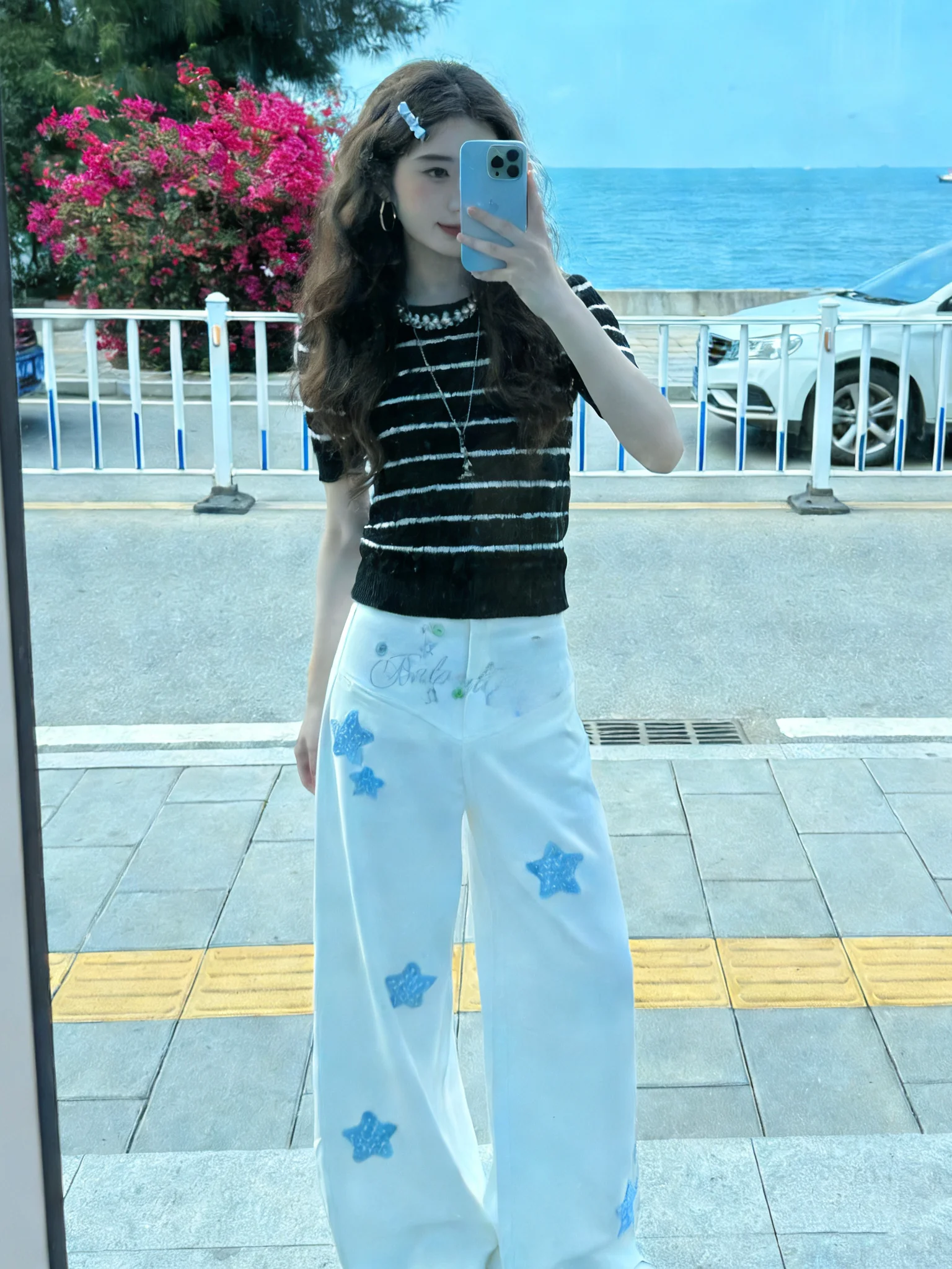 

VIBE Pearl Knitted Top Women's round Neck Short Sleeve Striped Twist Flower Loose Fit French Style Soft Breathable Spring Sum...