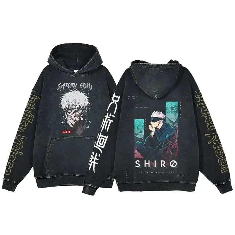 Jujutsu Kaisen Anime Hoodie 100% Cotton Men's Clothing Vintage Black Acid Washed Hoodies Long Sleeve Women Hip Hop Sweatshirts