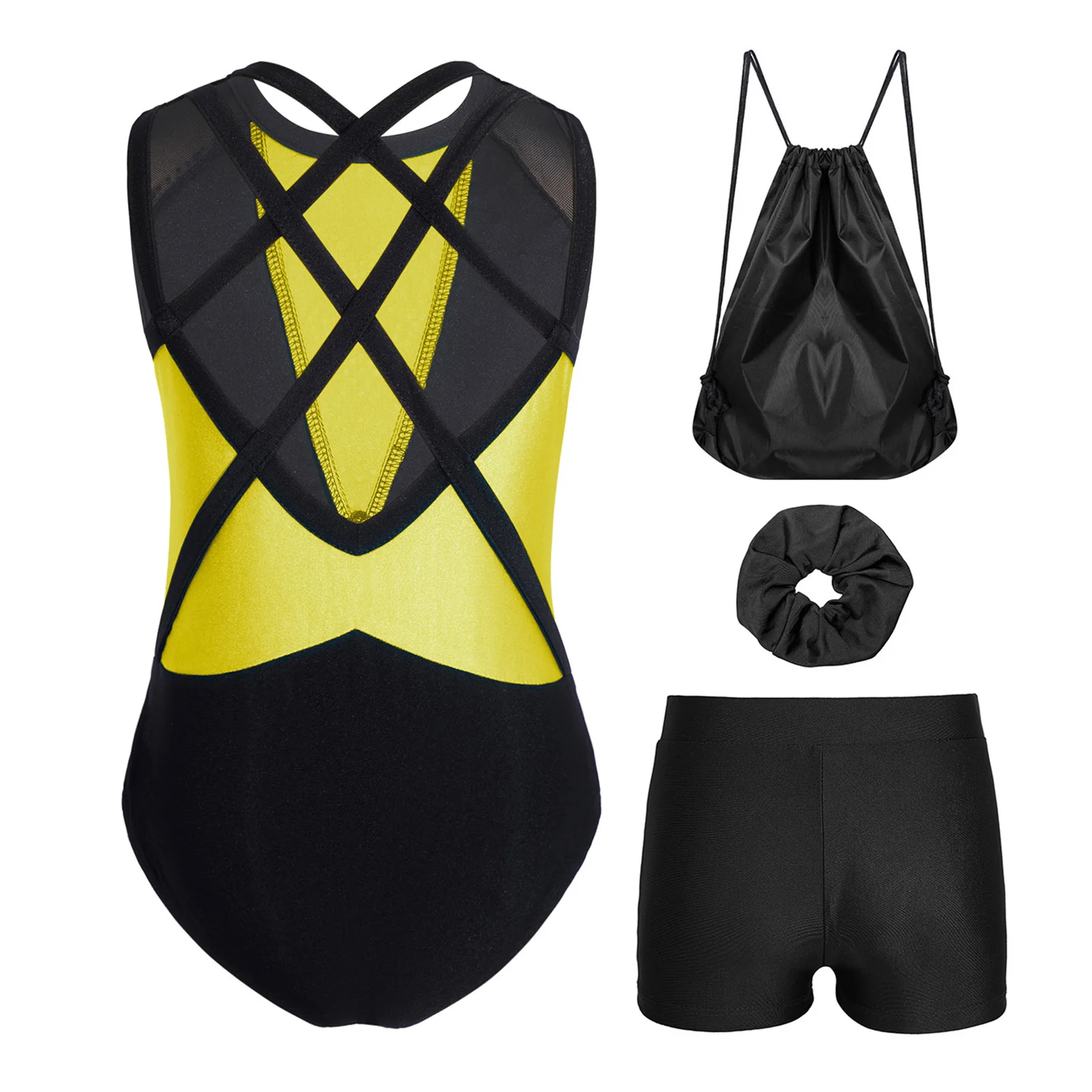Girls Gymnastics Ballet Dance Outfit Sleeveless Crisscross Back Shiny Rhinestones Leotard+Shorts+Hairband+Drawstring Backpack