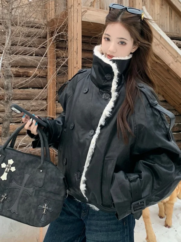 

Большие размеры, парка из овечьего меха, женское пальто с воротником-стойкой, повседневное пальто с длинным воротником-стойкой, осенне-зимнее пальто