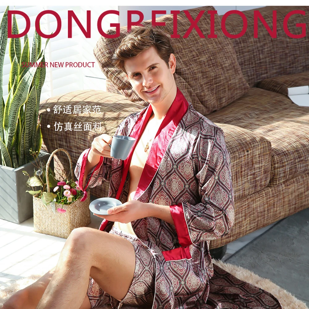 Summer Thin Silk Satin Robe Sets Noble Fashion Print Mens Robe Breathable Bathrobe Long Sleeve Kimono With Shorts Plus Size 5XL