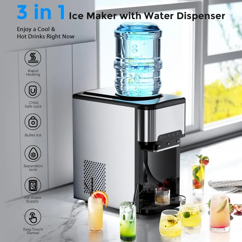 FZF Ice Maker Machine Countertop,3in1 Portable Ice Maker with Hot/Cold Water Dispenser,12 Cubes in 7 Mins Stainless Steel Nugget