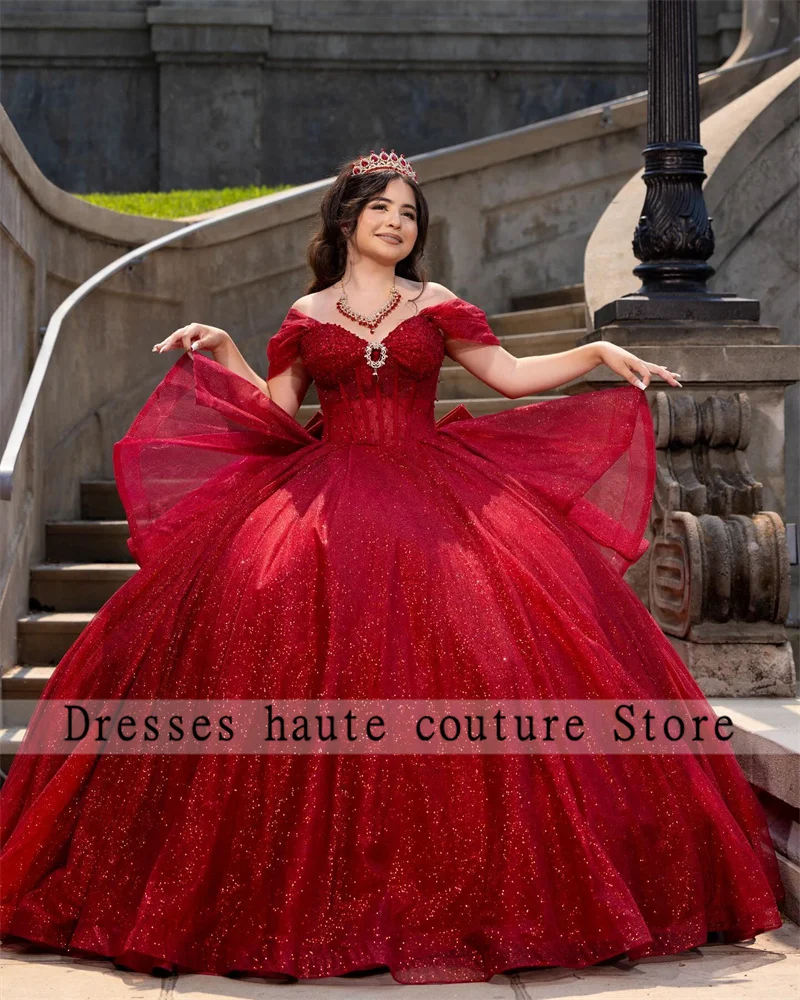 Vestido quinceanera de tule vermelho com ombro de fora, vestido de baile com babados e laço, vestido de festa de aniversário mexicano, doce 16, personalizado