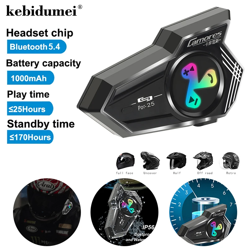 

Беспроводная гарнитура Bluetooth 5.4 для мотоциклетного шлема, водонепроницаемая, с функцией громкой связи, воспроизведением музыки и FM-радио, наушники для мотошлема