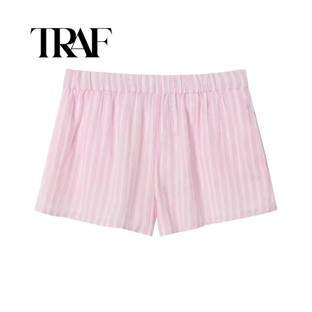 TRAF-Short Y2k Rose Rayé à Taille artificiel astique pour Femme, Pantalon Court avec Poches, Idéal pour la Plage et les Vacances