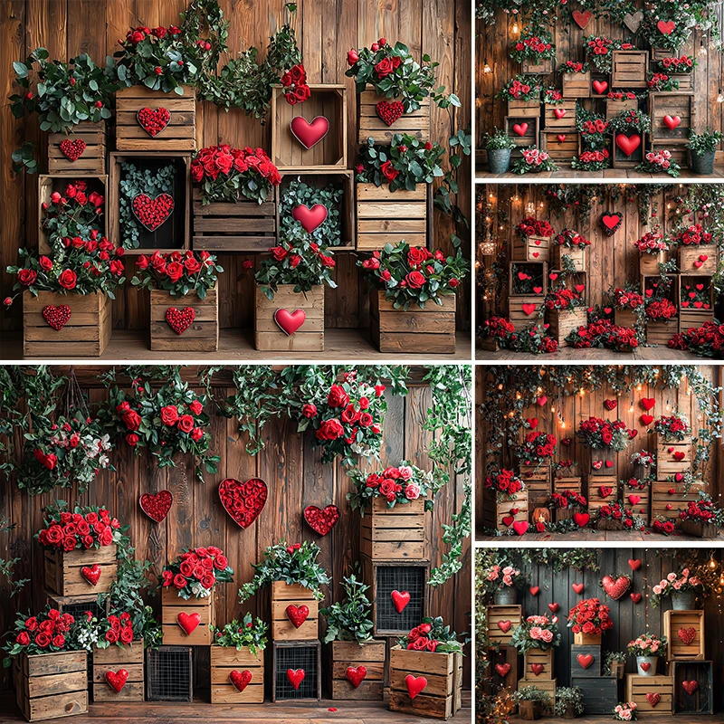 

LS Valentine's Day Photography Background Red Rose Flower Basket Box Decoration Couple Newborn Portrait Photo Backdrop Studio