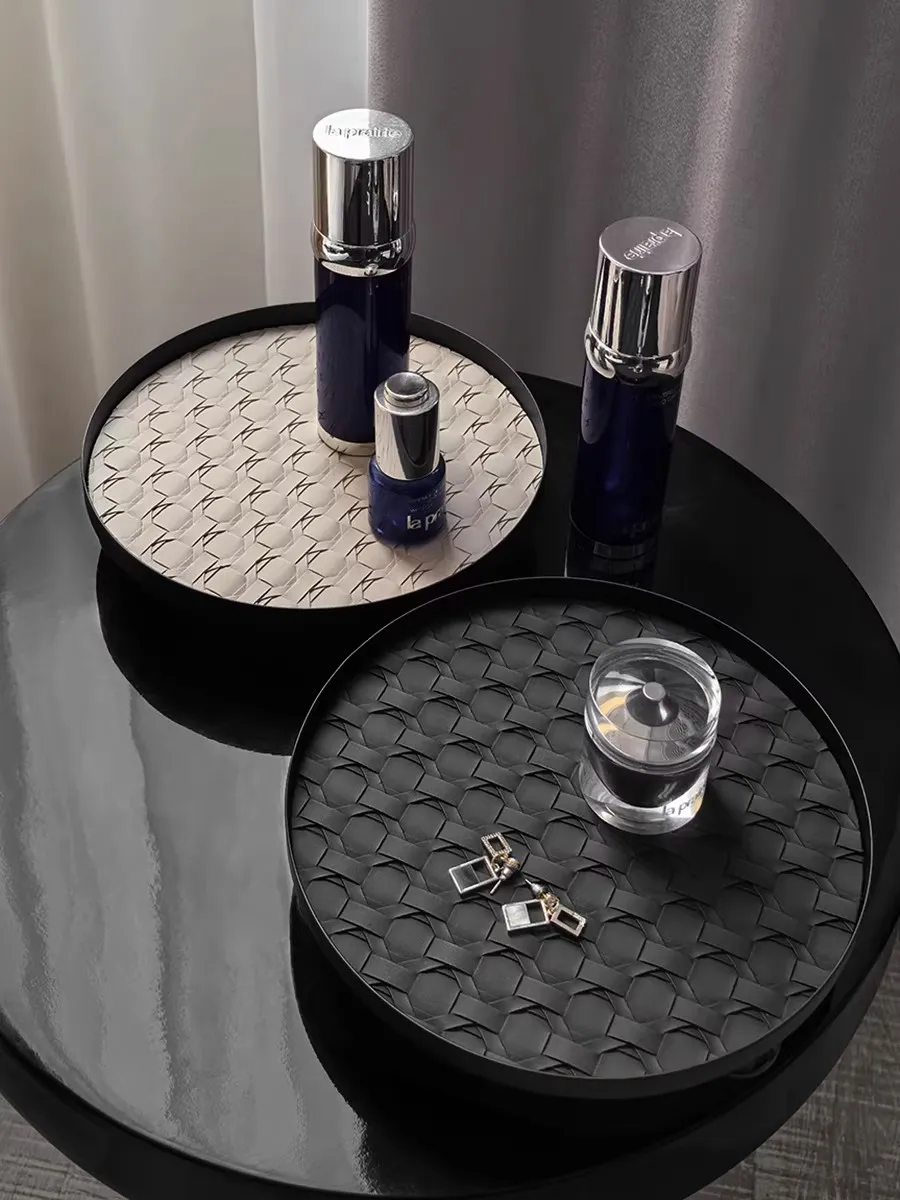 Light luxury Art creativity Rattan Weave leather Pallet Round Shape Design Advanced Decoration Water Cup Cosmetics Storage tray