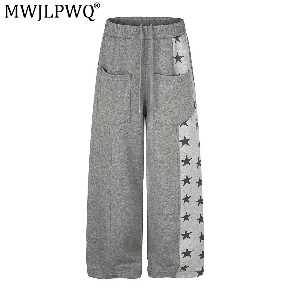 MWJLPWQ Trendy Star-Patterned Patchwork Workwear Sweatpants Men Street Style Unique Large Pocket Loose Wide Leg Trousers 20958