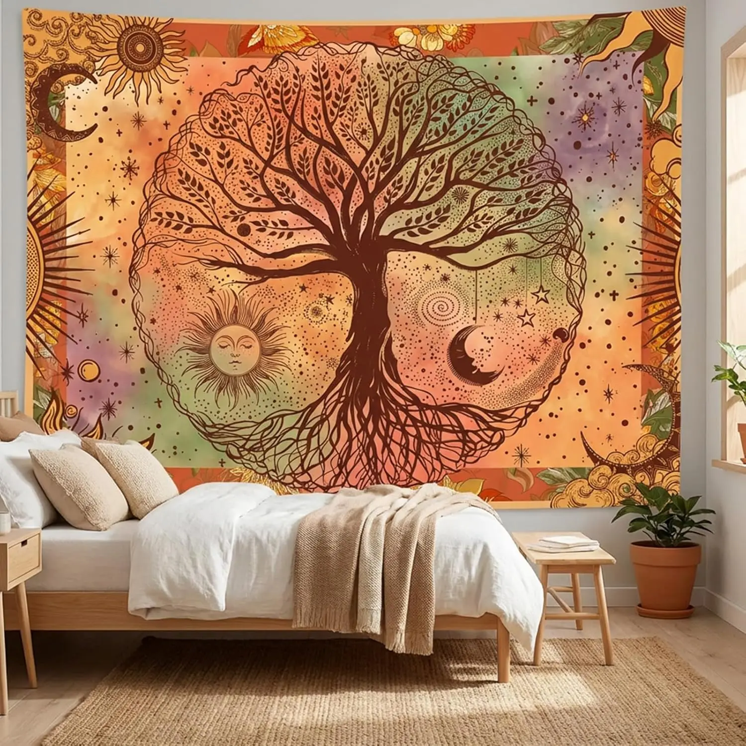 Boho Tree of Life Tapestry, Vintage Sun Moon Celestial Print Large Wall Hanging for Bedroom Living Room Aesthetic Home Decor