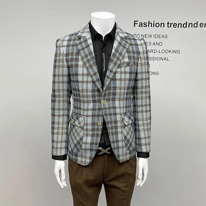 10% Wool Men Blazer 2022 Autumn Winter Thick Warm Clothing Fashion Plaid Casual Man Wear Slim Fit Korea Style Jackets 48 56