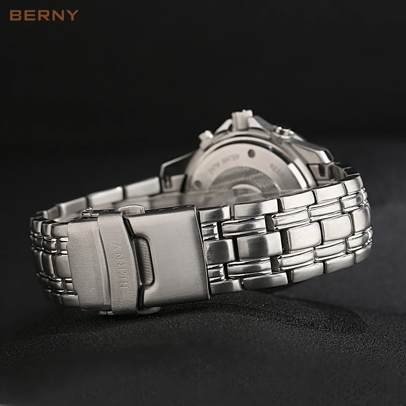 BERNY Quartz Watch for Men Fashion Top Luxury Brand Auto Date Calendar Stainless Steel 3ATM Waterproof Male Quartz Wristwatches