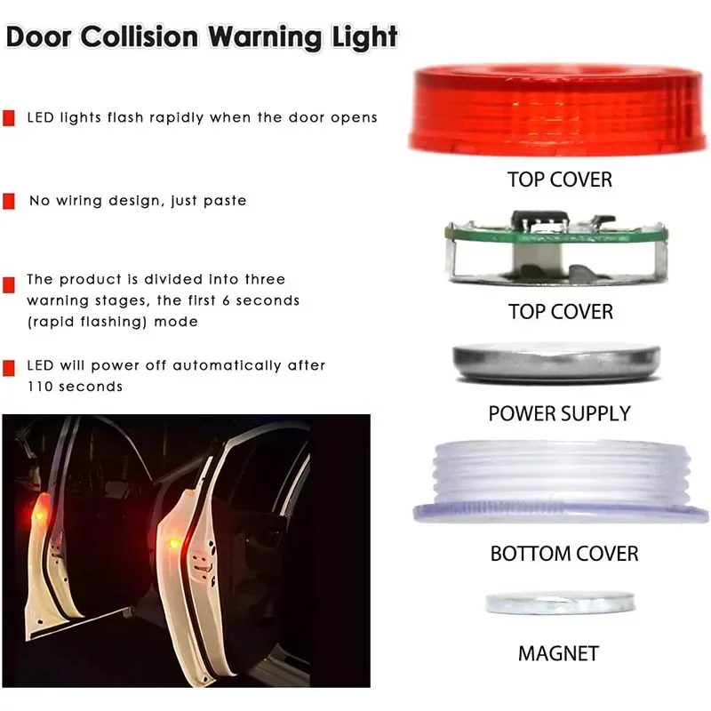 Luces LED de advertencia para puerta de coche, Sensor magnético inalámbrico, lámpara de señal de colisión trasera, Mini luces de seguridad estroboscópicas, 2 uds.