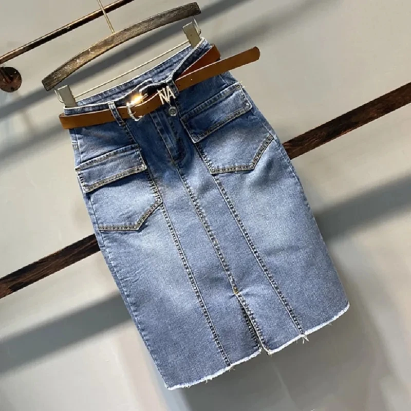 High-Waisted Elastic Mid-Length Hip-Hugging Skirt for Women Spring Summer 2026 New Fashion Slit and Versatile Denim Skirts