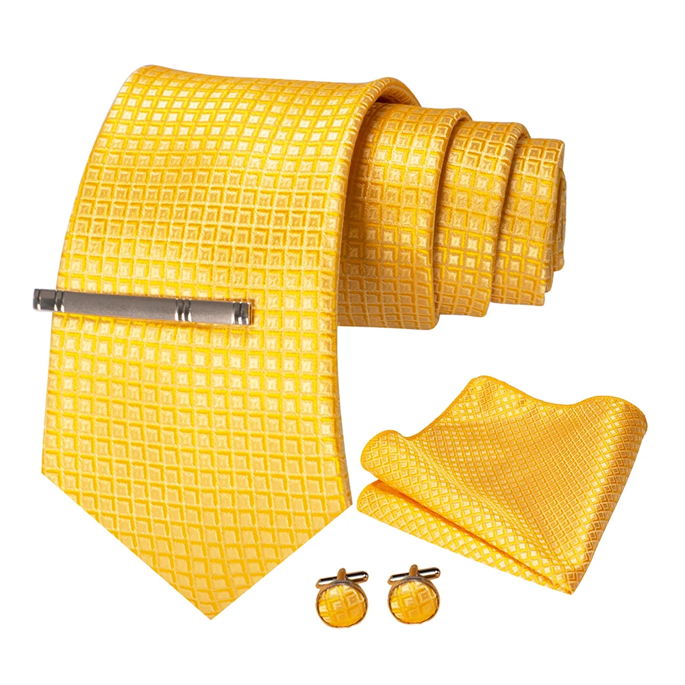 JEMYGINS Mode Männer Krawatte Luxus Gelb Gold Striped Plaid Seide Hochzeit Krawatte Für Männer Hanky Manschettenknopf Krawatte Set Bussiness Party geschenk – Detail 6