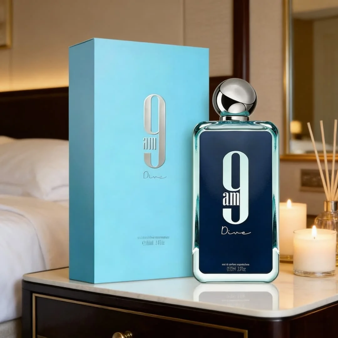 9am Dive EDP | Sleek blue glass bottle, fresh aquatic-citrus notes, clean energetic vibe